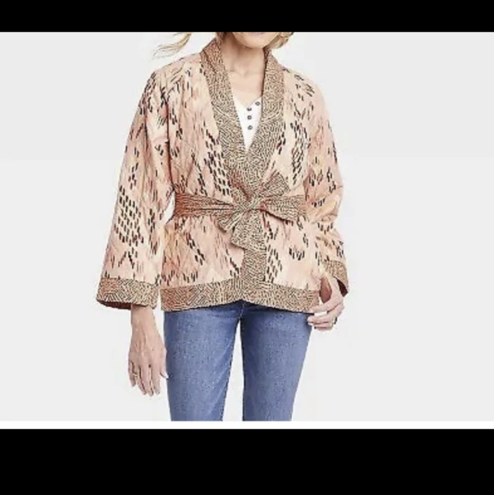Women’s Knox Rose Quilted Open Front Belted Jacket Pink Print XL